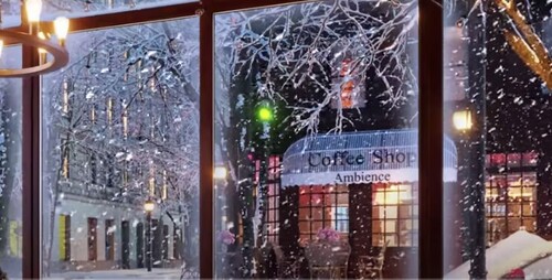 Snow Night on Window at Coffee Shop