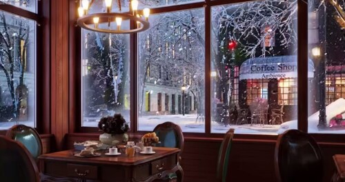 Snow Night on Window at Coffee Shop 